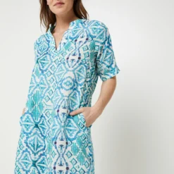 Robe Tunique 100% Lin Imprimée Ikat - Bleu -Promos Sublisca Magasin 001025068 001 V4 T4