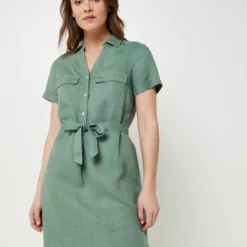 Robe Ceinturée En 100% Lin, Poches Poitrine - Vert Kaki