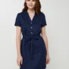 Robe Ceinturée En 100% Lin, Poches Poitrine - Bleu Marine