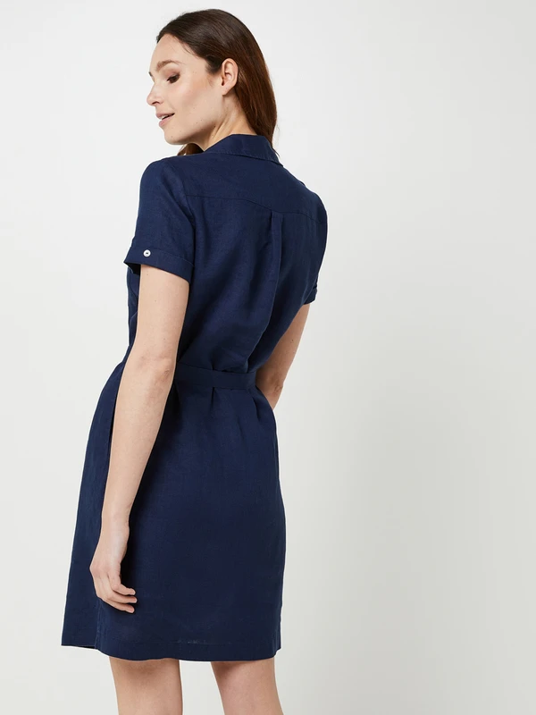Robe Ceinturée En 100% Lin, Poches Poitrine - Bleu Marine 2 Robe Ceinturée En 100% Lin, Poches Poitrine - Bleu Marine – Image 2