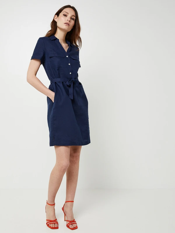 Robe Ceinturée En 100% Lin, Poches Poitrine - Bleu Marine 3 Robe Ceinturée En 100% Lin, Poches Poitrine - Bleu Marine – Image 3