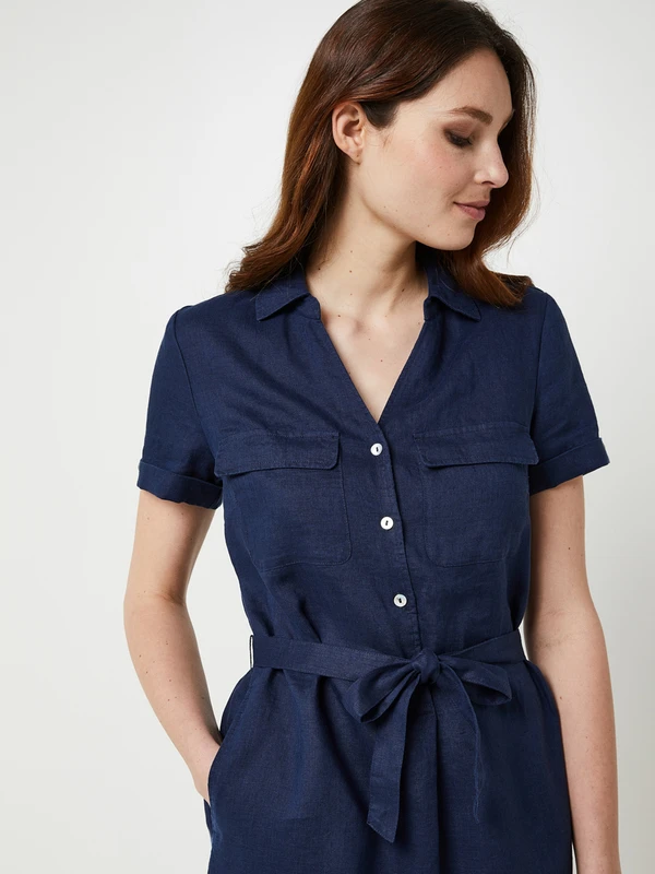 Robe Ceinturée En 100% Lin, Poches Poitrine - Bleu Marine 4 Robe Ceinturée En 100% Lin, Poches Poitrine - Bleu Marine – Image 4