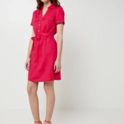 Robe Ceinturée En 100% Lin, Poches Poitrine - Rose -Promos Sublisca Magasin 001025070 003 V3 T4