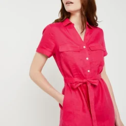 Robe Ceinturée En 100% Lin, Poches Poitrine - Rose -Promos Sublisca Magasin 001025070 003 V4 T4