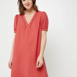 Robe Housse En Tissu Jacquard, Manches Ballon - Brique