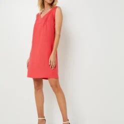Robe Cintrée Sans Manches En 100% Lin - Rouge -Promos Sublisca Magasin 001025331 002 V3 T4