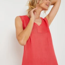 Robe Cintrée Sans Manches En 100% Lin - Rouge -Promos Sublisca Magasin 001025331 002 V4 T4