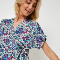 Robe Portefeuille Extra Fluide Imprimée Fleurs - Bleu -Promos Sublisca Magasin 001025334 001 V4 T4