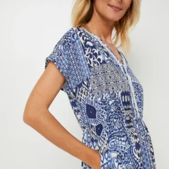 Robe En Crépon Imprimé Avec Dentelle - Bleu -Promos Sublisca Magasin 001025336 001 V4 T4