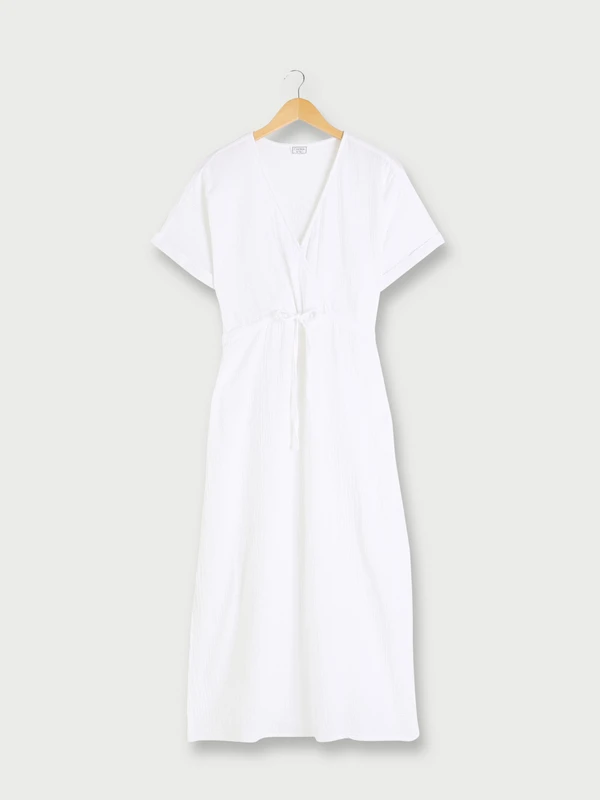 Robe Cache-cœur En Double Gaze 100% Coton - Blanc 1 Robe Cache-cœur En Double Gaze 100% Coton - Blanc