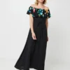 Desigual Robe Longue Unie Sans Manches, Volant Encolure À Imprimé Effet Flou - Noir