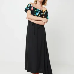 Desigual Robe Longue Unie Sans Manches, Volant Encolure À Imprimé Effet Flou - Noir -Promos Sublisca Magasin 001025482 001 V3 T4