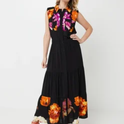 Desigual Robe Chemise Détails Imprimés Fleurs - Noir -Promos Sublisca Magasin 001025486 001 V3 T4