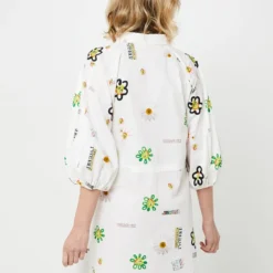 Desigual Robe Chemise Courte À Cintrer, Imprimé Fleurs Et Soleil Effet Peint À La Main - Blanc -Promos Sublisca Magasin 001025491 001 V2 T4