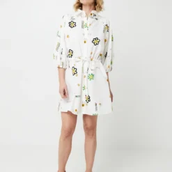 Desigual Robe Chemise Courte À Cintrer, Imprimé Fleurs Et Soleil Effet Peint À La Main - Blanc -Promos Sublisca Magasin 001025491 001 V3 T4