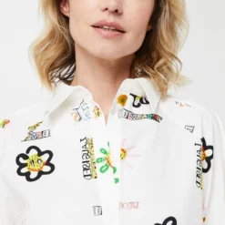 Desigual Robe Chemise Courte À Cintrer, Imprimé Fleurs Et Soleil Effet Peint À La Main - Blanc -Promos Sublisca Magasin 001025491 001 V4 T4