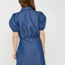 Robe Courte Col Chemisier, Manches Ballon En Tissu Chambray - Bleu -Promos Sublisca Magasin 001025495 001 V2 T4