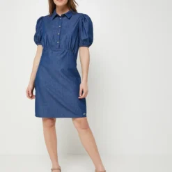 Robe Courte Col Chemisier, Manches Ballon En Tissu Chambray - Bleu -Promos Sublisca Magasin 001025495 001 V3 T4