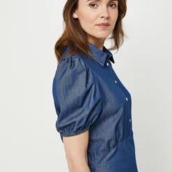 Robe Courte Col Chemisier, Manches Ballon En Tissu Chambray - Bleu -Promos Sublisca Magasin 001025495 001 V4 T4