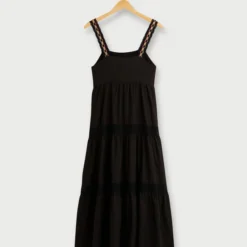 Desigual Robe Longue Brodée À Volants Étagés, Larges Bretelles Multicolores - Noir -Promos Sublisca Magasin 001025623 002 V2 T4