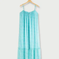 Vila Robe Maxi Longue Fluide À Bretelles, Imprimé Chevrons Effet Aquarelle - Bleu