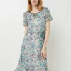 Robe Midi Droite Et Volantée En Voile À Imprimé Floral - Bleu