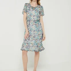 Robe Midi Droite Et Volantée En Voile À Imprimé Floral - Bleu -Promos Sublisca Magasin 001025626 001 V3 T4