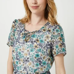 Robe Midi Droite Et Volantée En Voile À Imprimé Floral - Bleu -Promos Sublisca Magasin 001025626 001 V4 T4