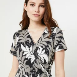 Robe Courte Cache Cœur En Maille À Imprimé Feuillage - Noir -Promos Sublisca Magasin 001025689 001 V4 T4