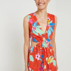 Desigual Robe Longue Sans Manches À Encolure V, Découpes Taille - Rouge -Promos Sublisca Magasin 001026450 001 V4 T4