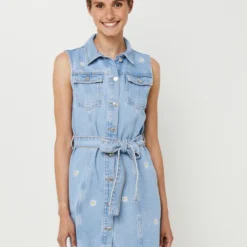 Desigual Robe Chemise Courte En Jean Sans Manches, Fleurs Brodées - Bleu