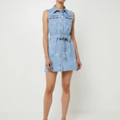 Desigual Robe Chemise Courte En Jean Sans Manches, Fleurs Brodées - Bleu -Promos Sublisca Magasin 001026453 001 V3 T4