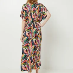 Robe Longue En Tissu Crêpe À Imprimé Feuillage, Encolure V - Multicolore -Promos Sublisca Magasin 001027221 001 V2 T4