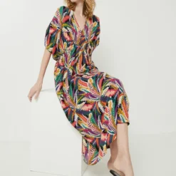 Robe Longue En Tissu Crêpe À Imprimé Feuillage, Encolure V - Multicolore -Promos Sublisca Magasin 001027221 001 V3 T4