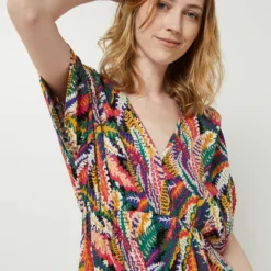 Robe Longue En Tissu Crêpe À Imprimé Feuillage, Encolure V - Multicolore -Promos Sublisca Magasin 001027221 001 V4 T4