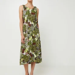 Robe Longue Droite À Bretelles, Imprimé Feuillage Avec Ceinture - Vert Olive