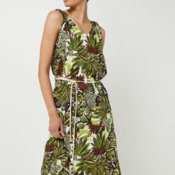 Robe Longue Droite À Bretelles, Imprimé Feuillage Avec Ceinture - Vert Olive -Promos Sublisca Magasin 001027245 001 V3 T4