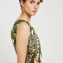 Robe Longue Droite À Bretelles, Imprimé Feuillage Avec Ceinture - Vert Olive -Promos Sublisca Magasin 001027245 001 V4 T4