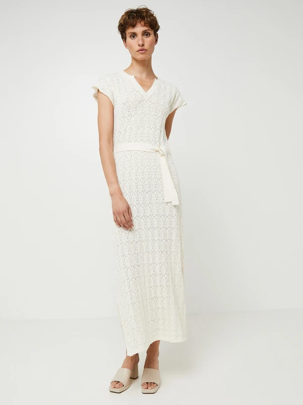 Robe Longue Droite En Maille Jacquard Ajourée - Ecru 1 Robe Longue Droite En Maille Jacquard Ajourée - Ecru
