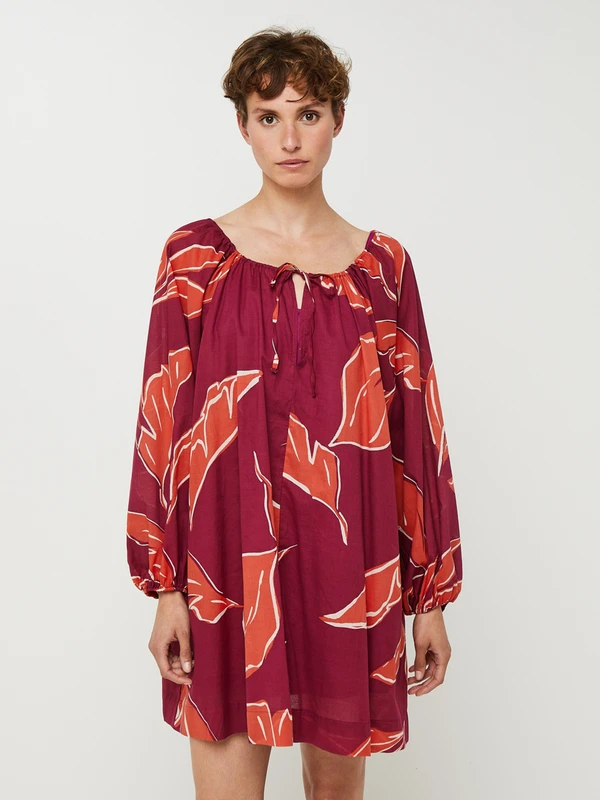 Robe Ample Courte À Imprimé Grandes Feuilles, Manches Bouffantes - Violet 1 Robe Ample Courte À Imprimé Grandes Feuilles, Manches Bouffantes - Violet