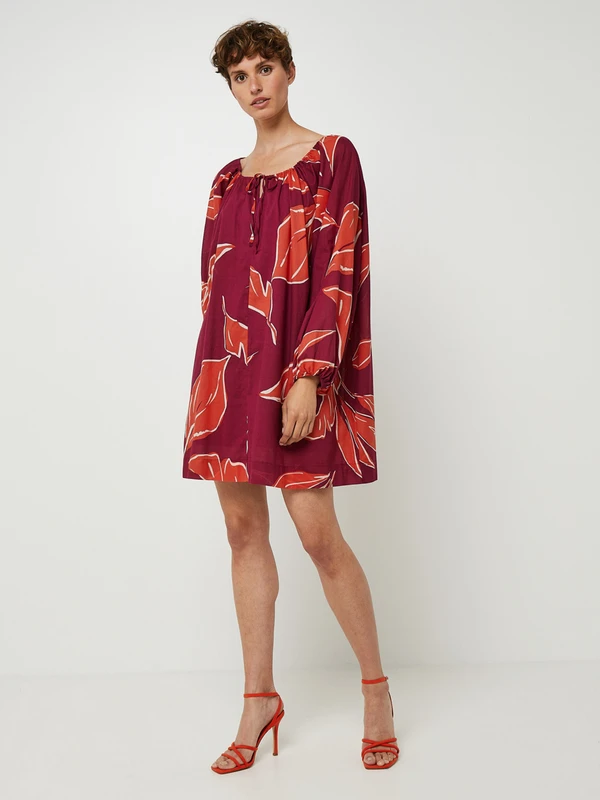 Robe Ample Courte À Imprimé Grandes Feuilles, Manches Bouffantes - Violet 3 Robe Ample Courte À Imprimé Grandes Feuilles, Manches Bouffantes - Violet – Image 3