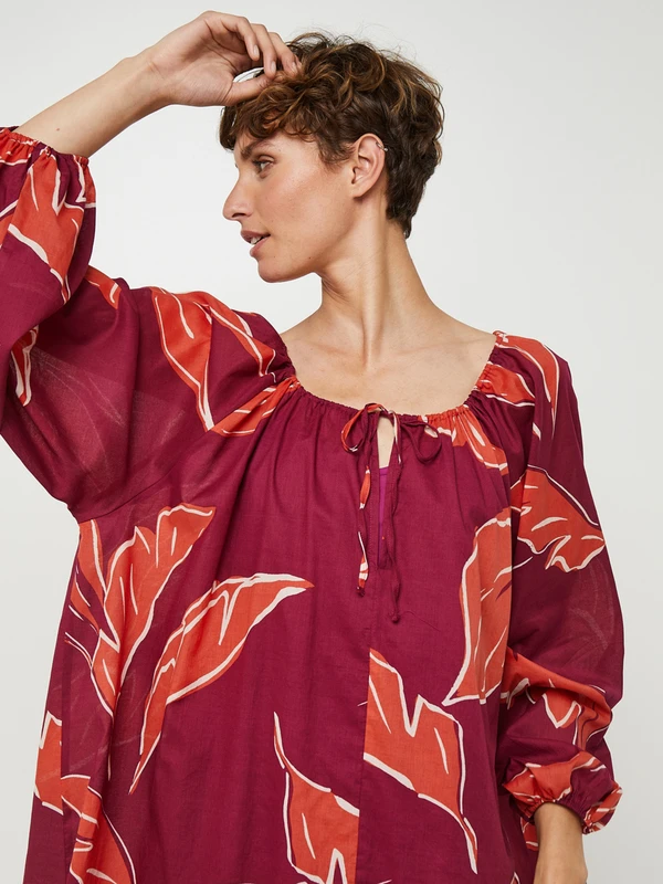 Robe Ample Courte À Imprimé Grandes Feuilles, Manches Bouffantes - Violet 4 Robe Ample Courte À Imprimé Grandes Feuilles, Manches Bouffantes - Violet – Image 4