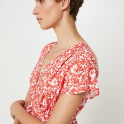 Robe Longue Ceinturée, Décolleté Croisé Effet Cache-cœur À Imprimé Fleuri - Rouge -Promos Sublisca Magasin 001027276 001 V4 T4