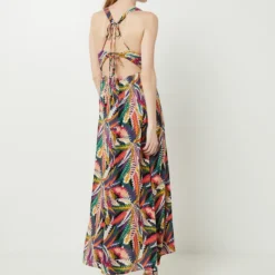 Robe Maxi Longue À Bretelles À Imprimé Feuillage, Décolleté Dos - Jaune -Promos Sublisca Magasin 001027279 001 V2 T4