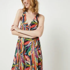 Robe Maxi Longue À Bretelles À Imprimé Feuillage, Décolleté Dos - Jaune -Promos Sublisca Magasin 001027279 001 V3 T4