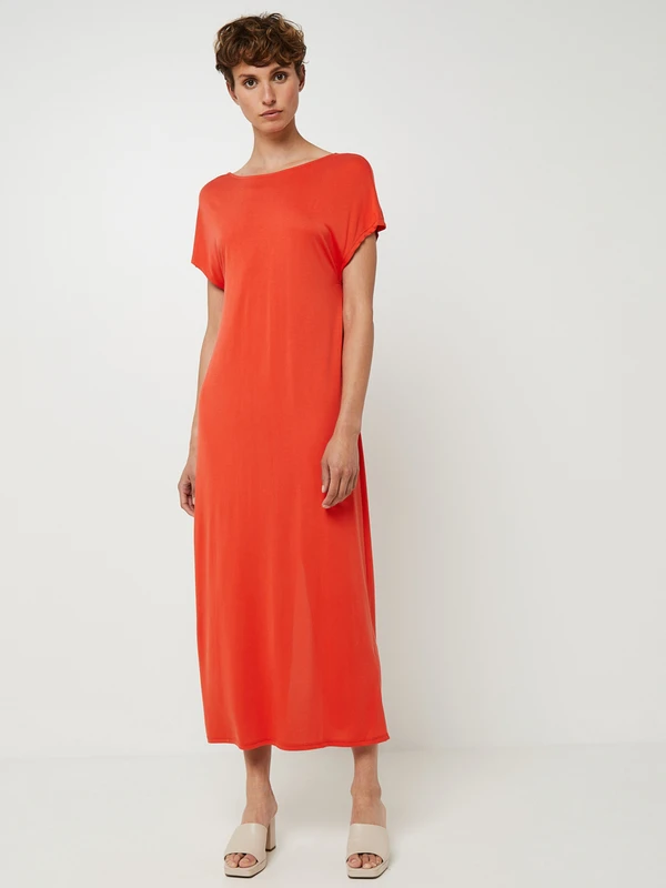 Robe Longue Droite, Décolleté Dos En Maille Fluide Et Extensible - Orange 1 Robe Longue Droite, Décolleté Dos En Maille Fluide Et Extensible - Orange