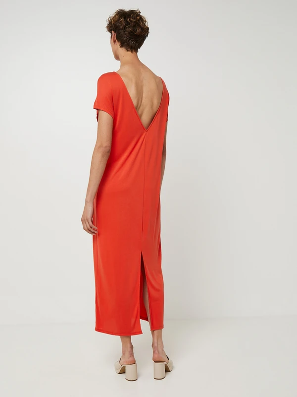 Robe Longue Droite, Décolleté Dos En Maille Fluide Et Extensible - Orange 2 Robe Longue Droite, Décolleté Dos En Maille Fluide Et Extensible - Orange – Image 2