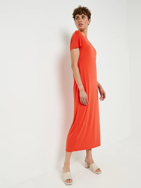 Robe Longue Droite, Décolleté Dos En Maille Fluide Et Extensible - Orange 3 Robe Longue Droite, Décolleté Dos En Maille Fluide Et Extensible - Orange – Image 3