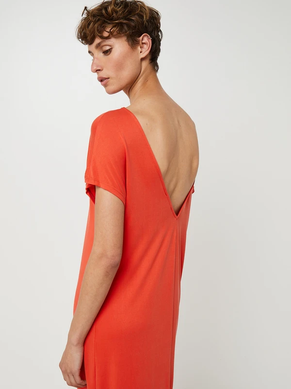 Robe Longue Droite, Décolleté Dos En Maille Fluide Et Extensible - Orange 4 Robe Longue Droite, Décolleté Dos En Maille Fluide Et Extensible - Orange – Image 4