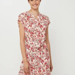 ESPRIT Robe Courte Droite Ceinturée, Encolure Tunisienne, Imprimé Fleuri - Rose Clair